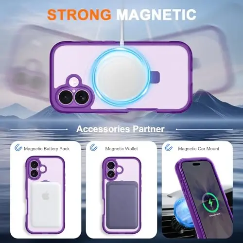Casehas iPhone 17 uchun g'ilof, magnitli ko'rinmas stend bilan [MagSafe bilan mos keladi] Harbiy darajadagi zarbadan himoya, zarbga chidamli, ingichka, yarim shaffof, teginishga yoqimli g'ilof qopqog'i, binafsha rang - 3