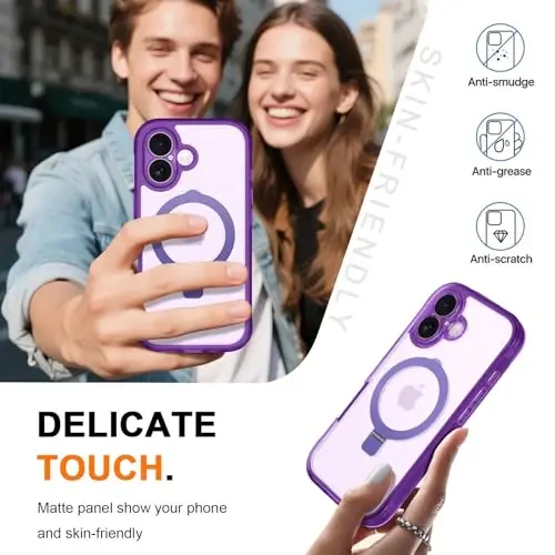 Casehas iPhone 17 uchun g'ilof, magnitli ko'rinmas stend bilan [MagSafe bilan mos keladi] Harbiy darajadagi zarbadan himoya, zarbga chidamli, ingichka, yarim shaffof, teginishga yoqimli g'ilof qopqog'i, binafsha rang - 6