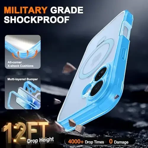 Casehas iPhone 17 uchun magnitli ko'rinmas tirgakli g'ilof [MagSafe bilan mos] Harbiy darajadagi zarbadan himoya, zarbga chidamli, yupqa, yarim shaffof, teginishga yoqimli g'ilof, och ko'k - 5