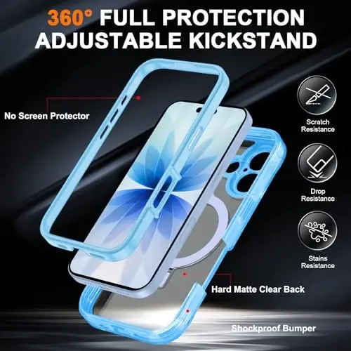 Casehas iPhone 17 uchun magnitli ko'rinmas tirgakli g'ilof [MagSafe bilan mos] Harbiy darajadagi zarbadan himoya, zarbga chidamli, yupqa, yarim shaffof, teginishga yoqimli g'ilof, och ko'k - CASEHAS (1)