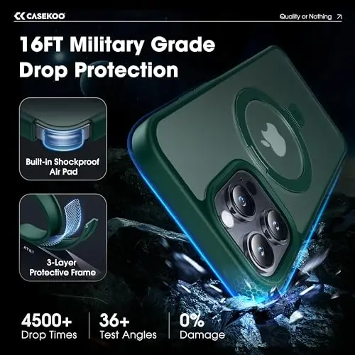 CASEKOO Designed for 14 Pro Case with Magnetic Invisible Stand [Military Drop Protection] [Compatible with MagSafe] Shockproof Slim Translucent Matte Pro Case 6.1 Inch, Green - 5