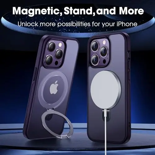 CASEKOO 14 Pro Max için Manyetik Görünmez Standlı Kılıf [Askeri Düşme Koruması] [MagSafe ile Uyumlu] Darbeye Dayanıklı İnce Yarı Saydam Mat Promax Kılıf 6.7 İnç, Mor - CASEKOO (1)