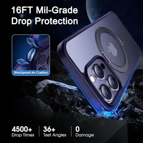 CASEKOO 14 Pro Max uchun magnitli ko'rinmas stendli g'ilof [Harbiy düşmeden himoya] [MagSafe bilan mos] Zarba o'tkazmaydigan ingichka yarim shaffof mat Promax g'ilof 6.7 dyuym, binafsha - 3