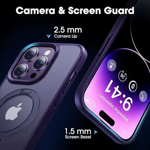 CASEKOO 14 Pro Max uchun magnitli ko'rinmas stendli g'ilof [Harbiy düşmeden himoya] [MagSafe bilan mos] Zarba o'tkazmaydigan ingichka yarim shaffof mat Promax g'ilof 6.7 dyuym, binafsha - 9