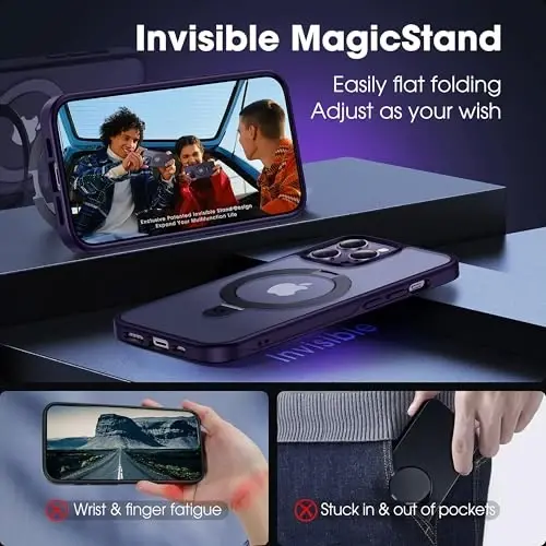 CASEKOO 14 Pro Max uchun magnitli ko'rinmas stendli g'ilof [Harbiy düşmeden himoya] [MagSafe bilan mos] Zarba o'tkazmaydigan ingichka yarim shaffof mat Promax g'ilof 6.7 dyuym, binafsha - 6