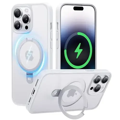 CASEKOO 14 Pro Max uchun magnitli ko'rinmas stendli g'ilof [Harbiy tomchidan himoya] [MagSafe bilan mos] Zarba o'tkazmaydigan ingichka yarim shaffof matli Promax g'ilof 6,7 dyuym, Oq - 1