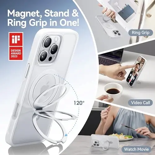 CASEKOO 14 Pro Max uchun magnitli ko'rinmas stendli g'ilof [Harbiy tomchidan himoya] [MagSafe bilan mos] Zarba o'tkazmaydigan ingichka yarim shaffof matli Promax g'ilof 6,7 dyuym, Oq - 5