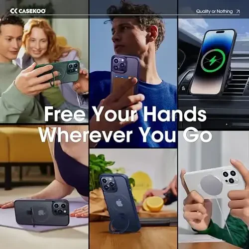 CASEKOO 14 Pro uchun magnitli ko'rinmas stendli dizaynlashtirilgan g'ilof [Harbiy tushishdan himoya] [MagSafe bilan mos] Zarbadan himoyalovchi ingichka yarim shaffof matli Pro g'ilof 6.1 dyuym, ko'k - 4