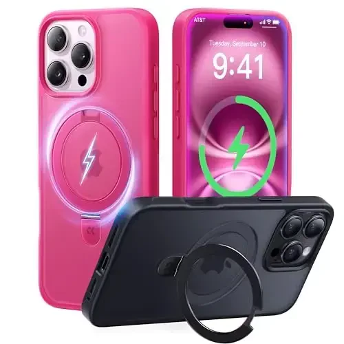 CASEKOO 16 Pro Max uchun magnitli ko'rinmas stendli g'ilof bilan ishlab chiqilgan [Harbiy tomchidan himoya] [MagSafe bilan mos] Zarba o'tkazmaydigan ingichka shaffof mat Promax g'ilofi 6,9 dyuym, Hot Pink - CASEKOO