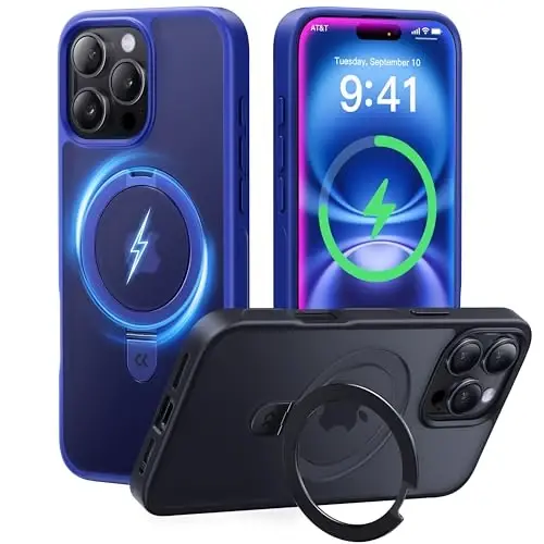 CASEKOO 16 Pro Max uchun mo'ljallangan g'ilof, magnitli ko'rinmas tirgak bilan [Harbiy darajadagi tushishdan himoya] [MagSafe bilan mos] Zarba o'tkazmaydigan nozik yarim shaffof mat Promax g'ilofi 6.9 dyuym, Klein Blue - 1