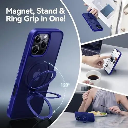 CASEKOO 16 Pro Max uchun mo'ljallangan g'ilof, magnitli ko'rinmas tirgak bilan [Harbiy darajadagi tushishdan himoya] [MagSafe bilan mos] Zarba o'tkazmaydigan nozik yarim shaffof mat Promax g'ilofi 6.9 dyuym, Klein Blue - 3