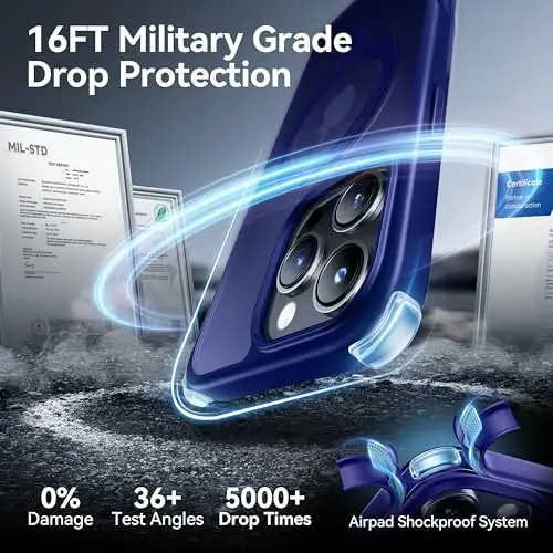 CASEKOO 16 Pro Max uchun mo'ljallangan g'ilof, magnitli ko'rinmas tirgak bilan [Harbiy darajadagi tushishdan himoya] [MagSafe bilan mos] Zarba o'tkazmaydigan nozik yarim shaffof mat Promax g'ilofi 6.9 dyuym, Klein Blue - 5
