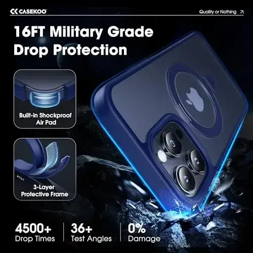 CASEKOO Designed Case for 14 Pro Max with Magnetic Invisible Stand [Military Drop Protection] [Compatible with MagSafe] Shockproof Slim Translucent Matte Promax Case 6.7 Inch, Blue - 4
