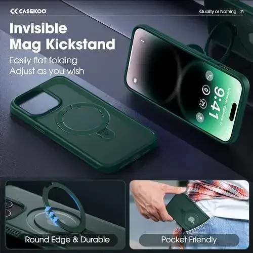CASEKOO Designed for 14 Pro Case with Magnetic Invisible Stand [Military Drop Protection] [Compatible with MagSafe] Shockproof Slim Translucent Matte Pro Case 6.1 Inch, Green - 3
