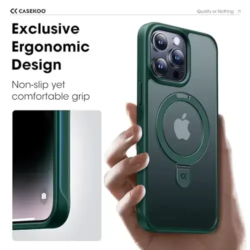 CASEKOO Designed for 14 Pro Case with Magnetic Invisible Stand [Military Drop Protection] [Compatible with MagSafe] Shockproof Slim Translucent Matte Pro Case 6.1 Inch, Green - 6
