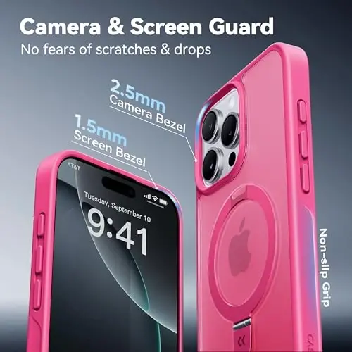 CASEKOO Designed for 14 Pro Max Case with Magnetic Invisible Stand [Military Drop Protection] [Compatible with MagSafe] Shockproof Slim Translucent Matte Promax Case 6.7 Inch, Hot Pink - 5