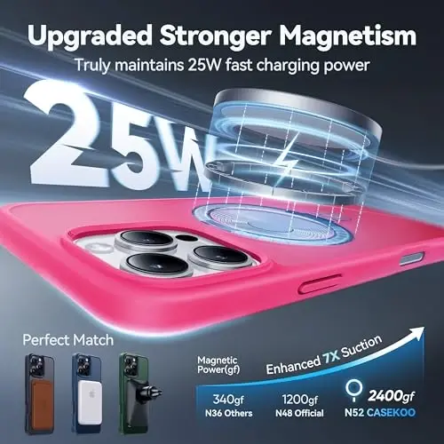 CASEKOO Designed for 16 Pro Max Case with Magnetic Invisible Stand [Military Drop Protection] [Compatible with MagSafe] Shockproof Slim Translucent Matte Promax Case 6.9 Inch, Hot Pink 