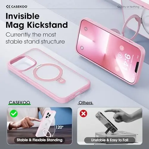 CASEKOO Designed for iPhone 13 Pro Max Case with Magnetic Invisible Stand [Military Drop Protection] [Compatible with MagSafe] Shockproof Slim Translucent Matte Promax Case 6.7 Inch, Pink - 3