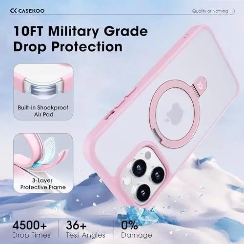 CASEKOO Designed for iPhone 13 Pro Max Case with Magnetic Invisible Stand [Military Drop Protection] [Compatible with MagSafe] Shockproof Slim Translucent Matte Promax Case 6.7 Inch, Pink - 5