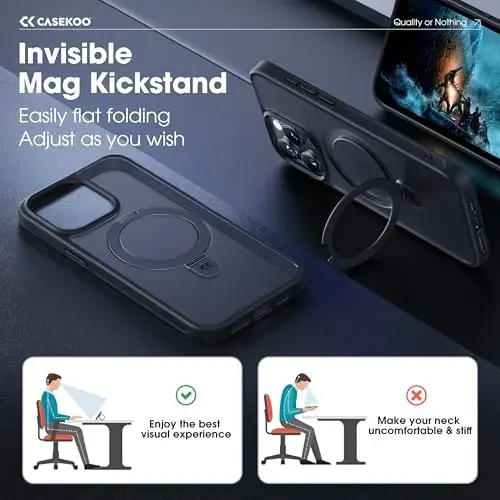 CASEKOO Designed for iPhone 15 Pro Case with Magnetic Invisible Stand [Military Drop Protection] [Compatible with MagSafe] Shockproof Slim Translucent Matte Pro Case 6.1 Inch, Black - 3