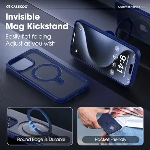 CASEKOO Designed for iPhone 15 Pro Case with Magnetic Invisible Stand [Military Drop Protection] [Compatible with MagSafe] Shockproof Slim Translucent Matte Pro Case 6.1 Inch, Blue - 3
