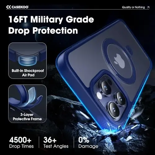 CASEKOO Designed for iPhone 15 Pro Case with Magnetic Invisible Stand [Military Drop Protection] [Compatible with MagSafe] Shockproof Slim Translucent Matte Pro Case 6.1 Inch, Blue - 5