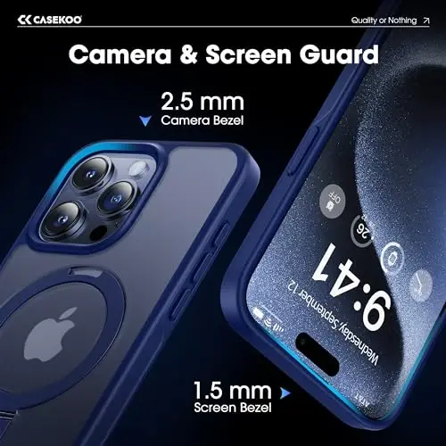 CASEKOO Designed for iPhone 15 Pro Case with Magnetic Invisible Stand [Military Drop Protection] [Compatible with MagSafe] Shockproof Slim Translucent Matte Pro Case 6.1 Inch, Blue - 6