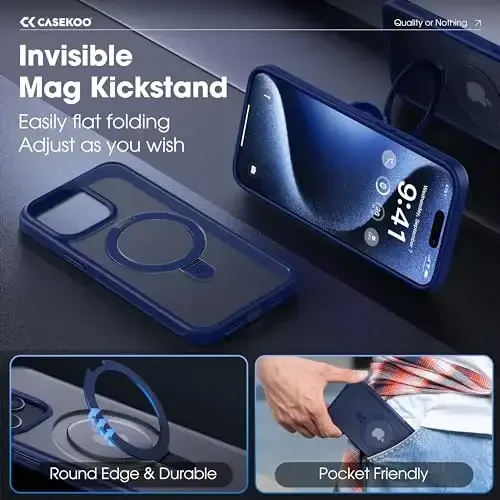 CASEKOO Designed for iPhone 15 Pro Max Case with Magnetic Invisible Stand [Military Drop Protection] [Compatible with MagSafe] Shockproof Slim Translucent Matte Promax Case 6.7 Inch, Blue - 3