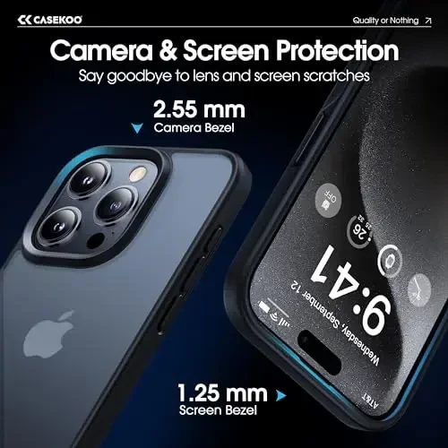 CASEKOO for iPhone 15 Pro Case, [Never Yellow Technology] [Mil-Grade Drop Protection] Translucent Slim Cover Women Men for iPhone 15 Pro Phone Case 6.1 inch, Frosted Black - 3