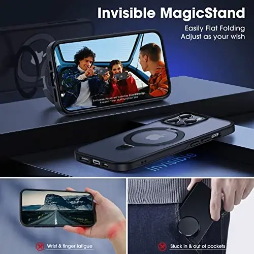 CASEKOO iPhone 14 Pro Max uchun magnitli ko'rinmas stendli g'ilof bilan [Harbiy tushishdan himoya] [MagSafe bilan mos] Zarba o'tkazmaydigan ingichka yarim shaffof mat Promax g'ilof 6.7