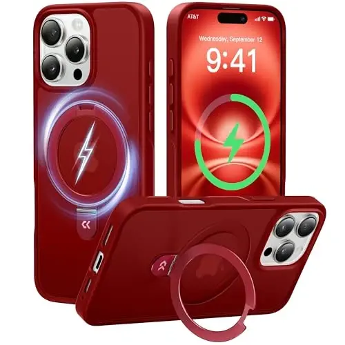 CASEKOO iPhone 14 Pro Max uchun mo'ljallangan g'ilof Magnitli ko'rinmas stend bilan [Harbiy tomchidan himoya] [MagSafe bilan mos] Zarbadan himoya qiluvchi ingichka yarim shaffof mat Promax g'ilof 6.7 dyuym, Qizil - 1