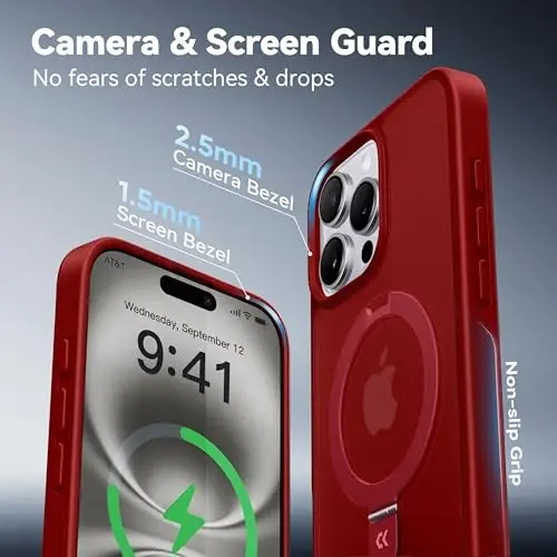 CASEKOO iPhone 14 Pro Max uchun mo'ljallangan g'ilof Magnitli ko'rinmas stend bilan [Harbiy tomchidan himoya] [MagSafe bilan mos] Zarbadan himoya qiluvchi ingichka yarim shaffof mat Promax g'ilof 6.7 dyuym, Qizil - 5