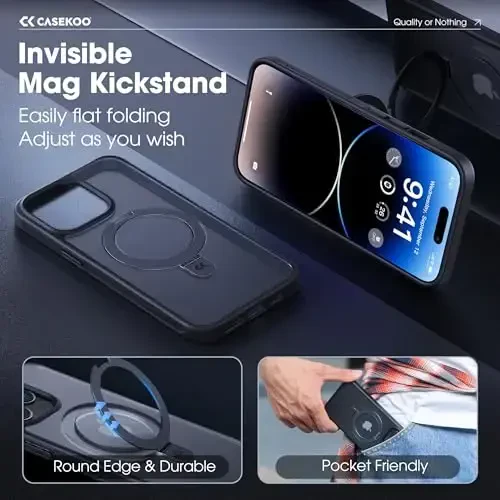 CASEKOO iPhone 14 Pro uchun Magnetic Invisible Standli g'ilof [Harbiy darajadagi zarbadan himoya] [MagSafe bilan mos] Zarba o'tkazmaydigan Yupqa Mat O'tkazuvchan Pro G'ilof 6.1 dyuym, Qora - 3