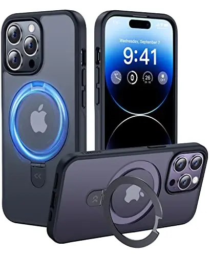 CASEKOO iPhone 14 Pro uchun Magnetic Invisible Standli g'ilof [Harbiy darajadagi zarbadan himoya] [MagSafe bilan mos] Zarba o'tkazmaydigan Yupqa Mat O'tkazuvchan Pro G'ilof 6.1 dyuym, Qora 