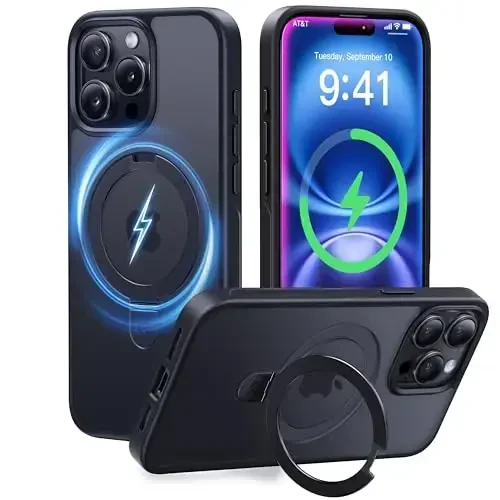 CASEKOO iPhone 15 Pro Max uchun magnitli ko'rinmas stendli g'ilof [Harbiy tomchidan himoya] [MagSafe bilan mos] Zarbadan himoyalangan yupqa yarim shaffof mat Promax g'ilof 6.7 dyuym, Qora - 5