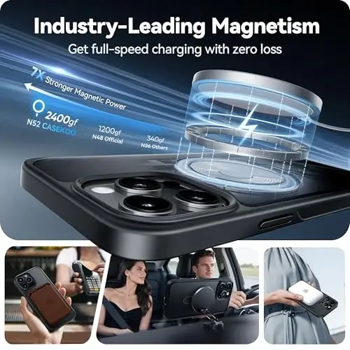 CASEKOO iPhone 15 Pro Max uchun magnitli ko'rinmas stendli g'ilof [Harbiy tomchidan himoya] [MagSafe bilan mos] Zarbadan himoyalangan yupqa yarim shaffof mat Promax g'ilof 6.7 dyuym, Qora - 5