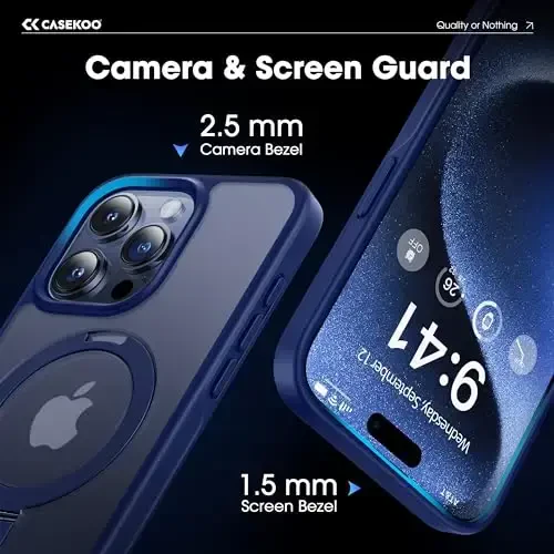 CASEKOO iPhone 15 Pro Max uchun mo'ljallangan Magnitli Ko'rinmas Stendli G'ilof [Harbiy Darajadagi Tushishdan Himoya] [MagSafe bilan Mos] Zarba o'tkazmaydigan Yupqa Yarim Shaffof Matte Promax G'ilof 6.7 dyuym, Moviy - 6
