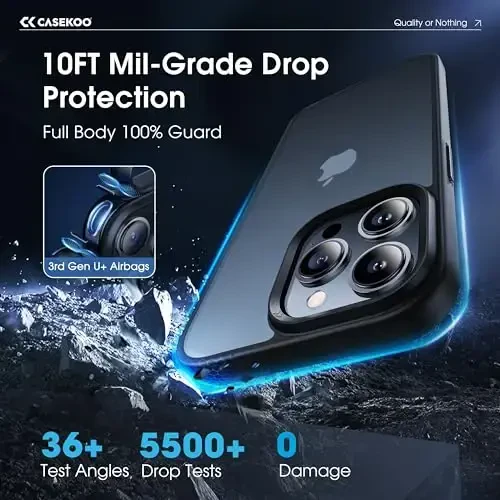 CASEKOO iPhone 15 Pro uchun g‘ilof, [Hech qachon sarg‘aymaydigan texnologiya] [Harbiy darajadagi tushishdan himoya] Yarim shaffof ingichka qopqoq iPhone 15 Pro telefon g‘ilofi 6,1 dyuym, muzlatilgan qora - 2