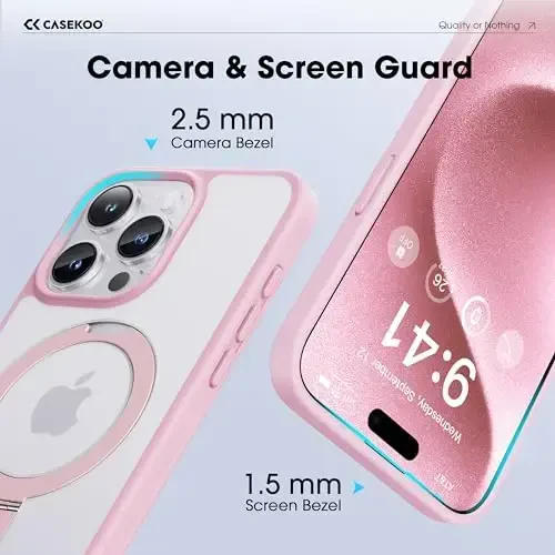 CASEKOO iPhone 15 Pro uchun magnitli ko'rinmas stendga ega g'ilof [Harbiy tomchidan himoya] [MagSafe bilan mos] Zarba o'tkazmaydigan yupqa yarim shaffof matli Pro g'ilof 6.1 dyuym, pushti - 6