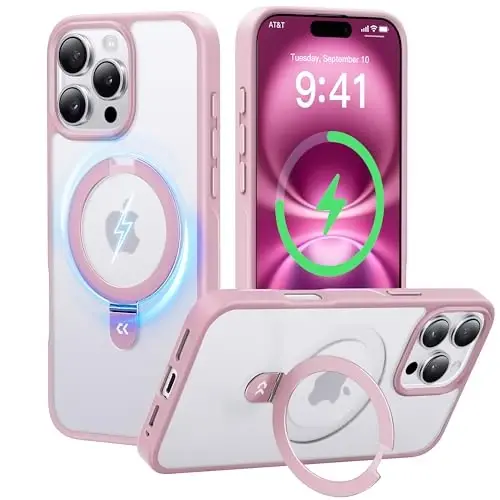 CASEKOO iPhone 15 Pro uchun magnitli ko'rinmas stendga ega g'ilof [Harbiy tomchidan himoya] [MagSafe bilan mos] Zarba o'tkazmaydigan yupqa yarim shaffof matli Pro g'ilof 6.1 dyuym, pushti - CASEKOO