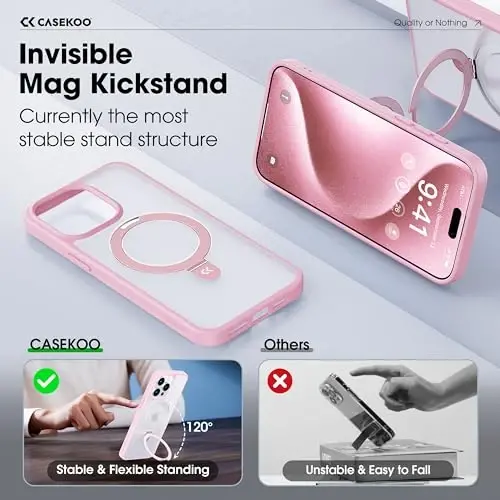 CASEKOO iPhone 15 Pro uchun magnitli ko'rinmas stendga ega g'ilof [Harbiy tomchidan himoya] [MagSafe bilan mos] Zarba o'tkazmaydigan yupqa yarim shaffof matli Pro g'ilof 6.1 dyuym, pushti - 3