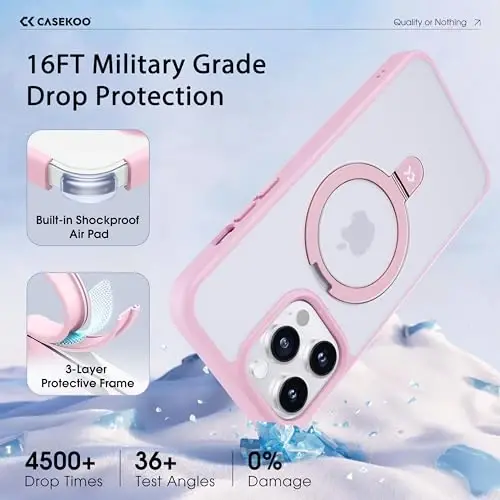 CASEKOO iPhone 15 Pro uchun magnitli ko'rinmas stendga ega g'ilof [Harbiy tomchidan himoya] [MagSafe bilan mos] Zarba o'tkazmaydigan yupqa yarim shaffof matli Pro g'ilof 6.1 dyuym, pushti - 5