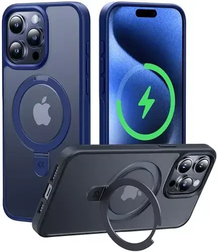 CASEKOO iPhone 15 Pro uchun magnitli ko'rinmas stendli g'ilof [Harbiy tomchidan himoya] [MagSafe bilan mos] Zarba o'tkazmaydigan yupqa yarim shaffof mato Pro g'ilof 6.1 dyuym, ko'k - CASEKOO