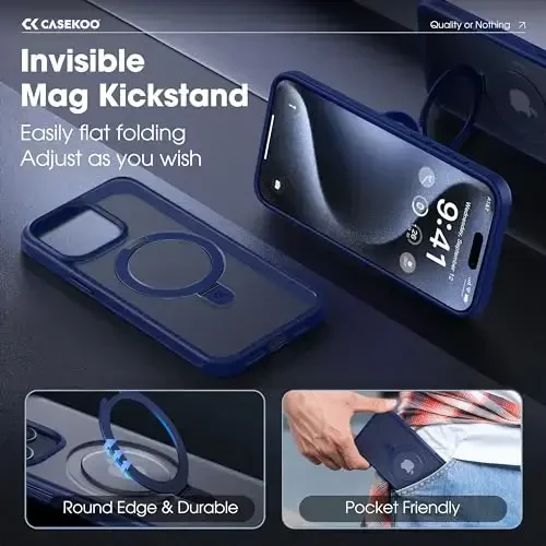 CASEKOO iPhone 15 Pro uchun magnitli ko'rinmas stendli g'ilof [Harbiy tomchidan himoya] [MagSafe bilan mos] Zarba o'tkazmaydigan yupqa yarim shaffof mato Pro g'ilof 6.1 dyuym, ko'k - 3