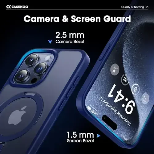 CASEKOO iPhone 15 Pro uchun magnitli ko'rinmas stendli g'ilof [Harbiy tomchidan himoya] [MagSafe bilan mos] Zarba o'tkazmaydigan yupqa yarim shaffof mato Pro g'ilof 6.1 dyuym, ko'k - 6