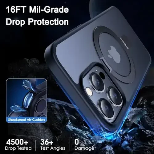 CASEKOO iPhone 15 Pro uchun mo'ljallangan magnitli ko'rinmas stendli g'ilof [Harbiy darajadagi himoya] [MagSafe bilan mos keladi] Zarbaga chidamli yupqa shaffof mat Pro g'ilof 6.1 dyuym, Qora - 2