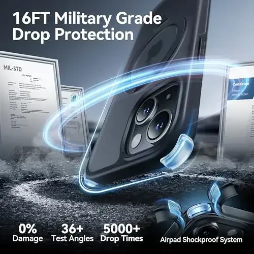 CASEKOO iPhone 15 uchun mo'ljallangan magnitli ko'rinmas stendli g'ilof [Harbiy tushishdan himoya] [MagSafe bilan mos] Zarba o'tkazmaydigan ingichka yarim shaffof mat g'ilof 6.1 dyuym, qora - 4