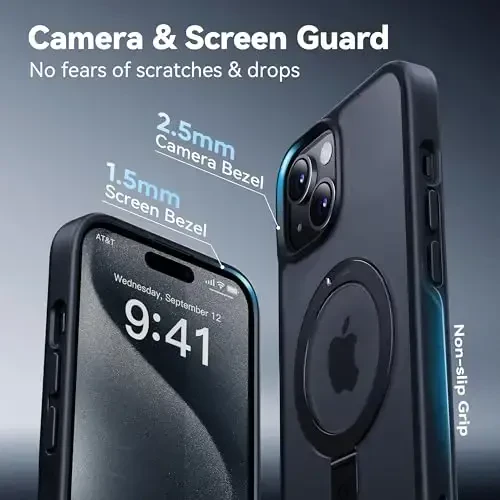 CASEKOO iPhone 15 uchun mo'ljallangan magnitli ko'rinmas stendli g'ilof [Harbiy tushishdan himoya] [MagSafe bilan mos] Zarba o'tkazmaydigan ingichka yarim shaffof mat g'ilof 6.1 dyuym, qora - 6