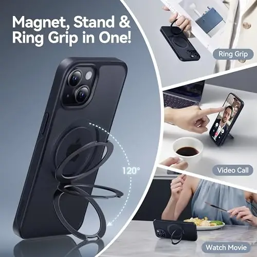 CASEKOO iPhone 15 uchun mo'ljallangan magnitli ko'rinmas stendli g'ilof [Harbiy tushishdan himoya] [MagSafe bilan mos] Zarba o'tkazmaydigan ingichka yarim shaffof mat g'ilof 6.1 dyuym, qora - CASEKOO (1)