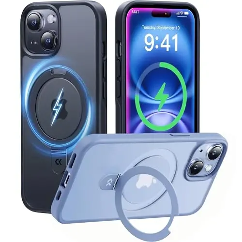CASEKOO iPhone 15 uchun mo'ljallangan magnitli ko'rinmas stendli g'ilof [Harbiy tushishdan himoya] [MagSafe bilan mos] Zarba o'tkazmaydigan ingichka yarim shaffof mat g'ilof 6.1 dyuym, qora 
